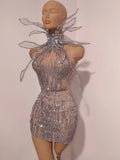 Women Eveing Party Dancer Nightclub Sexy Stage Photo Shoot Costume Sparkly Rhinestones Sleeveless Mesh See-Through Mini Dress