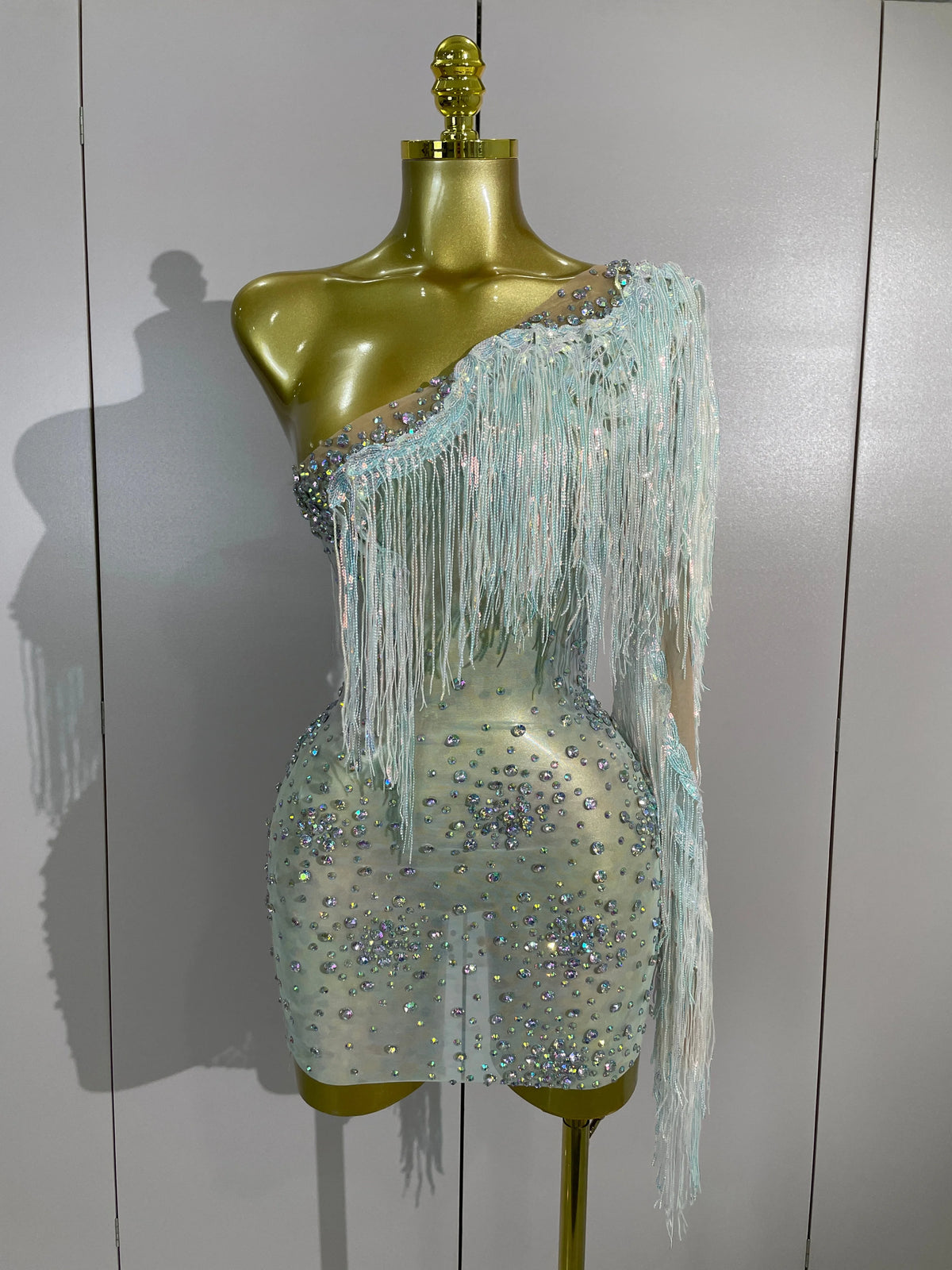 Women Mesh See Through Mini Dress Sexy One Shoulder Sparkly Rhinestone Tassel Latin Dance Nightclub Bar Party Club Stage Wear