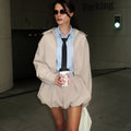Women's 2 Piece Fashion Lapel Zip Jacket Pleated Shorts Suit Vintage Streetwear New Party  Autumn Female Short Sets