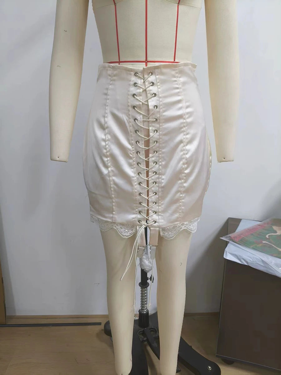 Luxury Lace Up Mini Women Skirt High Waist Lace Trim Minimalist Slim Skirt for Cocktail Party Wear Fashion Summer