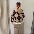 Argyle Jacquard Knit Pullover Women Khaki Crew Neck Drop Shoulder Flare Sleeve Sweater Autumn Winter Vintage Casual Fashion Top
