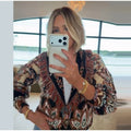 Women's Shawl Collar Fringe Knitted Cardigan Self Fabric Belt Waist Ethnic Print Loose Long Sleeve Mid Length Coat Autumn Casual