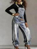Women Denim Jumpsuit Sleeveless High Waist Baggy Rhinestone Irregular Patchwork Streetwear Party Summer