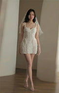 Customized White Spaghetti Strap Wedding Dresses Sleeveless Lace-Up Elegant Bridal Gowns Beaded Mini Wedding Gowns