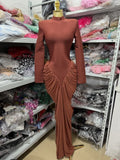 Fashionable And Sexy Round-Neck Long-Sleeved Pleated Long Dress, Waist-Cinching And Slimming, For Dinner Parties