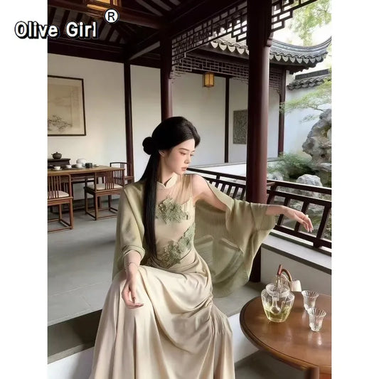 Olive Girl Romantic Qipao for Ren Faire 2026 Garden Wedding Fairycore Photoshoot Everyday Wear S-XXL XS-3XL Plus Size Romantic Cottagecore Garden Party Editorial Not Costume Qipao Cheongsam Chinese Dress Chinese Heritage Fashion Women