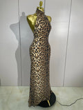 Women Sexy Eveing Party Club Birthday Stage Dress Elegant Halter Leopard Sleeveless Shiny Sequins Backless Bodycon Long Dress