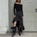 Commuting Black Ruffled Skirt For Women Asymmetric High Waist A-line Skirt Fashion Splice Female Casual Skirt Streetwear