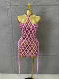 Sexy Crystal Mesh Halter Mini Dress Women Sheer Sequin Embellished Bodycon Outfit Birthday Party Nightclub Performance Costume