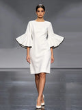 Women's Slim O-neck Midi Dress for Women Flared Sleeves Bodycon Dress 2026 Stylish Contrast Trims Elegant Party Dress