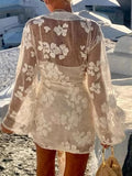 Solid Losoe Spliced Sheer Fashion Bloues for Women V Neck Long Sleeves Patchwork Lace Elegant Top Female Clothing