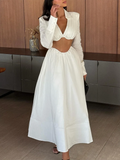 Chic White Two Piece Sets for Women Lapel Long Sleeves Crop Top Irregular Waist Maxi Skirt Set for Art Exhibition