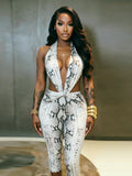 Sexy Backless Playsuit Woman Summer Trend Serpentine Print Halter Low-Neck Skinny Stretch Midnight Club Party Rompers