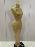 2026 Women Birthday Party Gown Stage Singer Performance Costume Luxury Sparkly Gold Rhinestone Sexy Transparent Mesh Long Dress