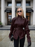 American Retro Burgundy Leather Jacket for Women Stand Collar Long Sleeves Slimming Design Coat Female Winter New