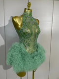 Women Birthday Party Costume Bar Nightclub Singer Sexy Stage Performance Outfit Sparkly Green Diamonds Mesh See Through Bodysuit