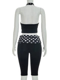 Patchwork 2-Piece Set Women Backless Halter Low-Neck Vest+Folds Elastic Waist Short Fashion Polka Dot Print Suits
