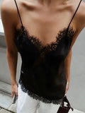 See Througth Lace Edge Tank Tops for Women V Neck Sleeveless Pathwork Hollow Out Sexy Fashionable Vest Female New