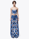 Fashion Women Jeans High Waist Heart Connectivity Contrast Color Hollow Out Straight Denim Pants 2024 New