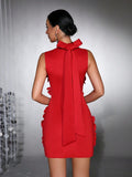 Spliced Appliques Elegant Dresses For Women Stand Collar Sleeveless High Waist Patchwork Zipper Mini Dress Female