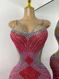 Sparkly Rhinestones Women Sexy Hollow Out High Split Elegant Bodycon Long Outfit Birthday Dress Stage Wear Performance Costume