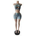 Fashion Denim Cutout Women's Set Wrap Strap Crop Top and Shorts Jeans  Summer Two 2 Piece Sets Outfits Tracksuit