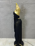 Sexy Halter Neck Maxi Dress Crystal Chain Cutout Ruched Women Sheer Mesh Form Outfit Glamorous Evening Gala Party Costume