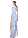 Women's Sky Blue Rhythm Fringed Long Maxi Dress 2026 New Sleeveless Ruffle Tassels Night Out Dress Clubwear Outfits