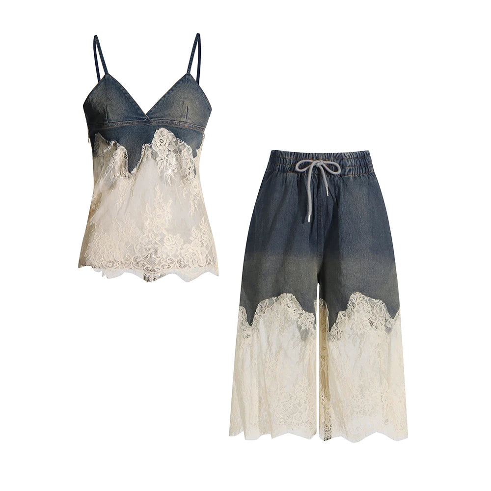 Colorblock Designer Two Piece Set For Women V Neck Sleevelss Vest High Waiste Pant Spliced Lace Sets Female Fashion