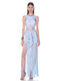 Women's Sky Blue Rhythm Fringed Long Maxi Dress 2026 New Sleeveless Ruffle Tassels Night Out Dress Clubwear Outfits