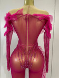 Women Celebrity Evening Party Bar Nightclub Dancer Sexy Stage Costumes Sparkly Rhinestone Long Sleeves Mesh See Through Jumpsuit
