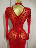 New Sexy Sparkling Red Crystals Feathers Long Sleeve Mermaid Maxi Dress Women Wedding Celebrate Luxury Birthday Party Prom Gown