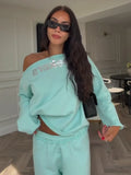 Solid Women Loose Pants Set Letter Print Off Shoulder Long Sleeve Sweatshirt Wide Leg Trousers Chic Casual Loungewear Suit 2026
