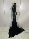 New Sexy Sparkling Red Crystals Feathers Long Sleeve Mermaid Maxi Dress Women Wedding Celebrate Luxury Birthday Party Prom Gown