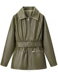 Simpel Basics Patchwork Belt Leather Jacekt for Women Lapel Long Sleeve Spliced Zippers Casual Office Coats Female