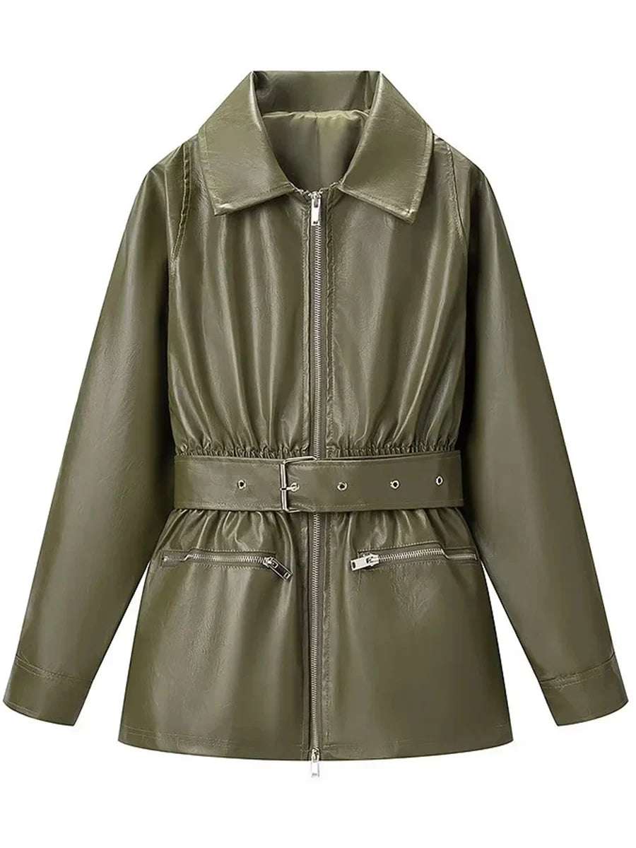 Simpel Basics Patchwork Belt Leather Jacekt for Women Lapel Long Sleeve Spliced Zippers Casual Office Coats Female