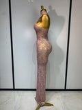 Women Sexy Backless Pink Diamond Mesh See Through Long Dress Evening Club Party Celebrity Elegant Stage Performance Costume