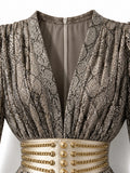 Glitter Deep V Flowy Floor Dress for Women Long Sleeve Ruched Bodice Gold Decorated Wide Waistband A Line Length for Party