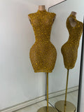 Gold Party Evening Short Dress Sparkly Diamonds Luxury Elegant Mesh See Throught Cocktail Birthday Clothing Night Club Show Wear