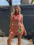 Women Orange Sequin Mini Dress Starfish Fish Applique Sheer Backless Halter Mesh Short Dress Lady Beach Party Vacation Vestidos