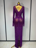 Sparkly Luxury Rhinstones Long Sleeve Elegant Party Dress Women 2025 Performance Stage Outfit Evening Birthday Prom Gown