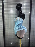 Skyblue Women Sexy Strapless Mesh Ruffle Shining Crystal Bodycon Mini Dress Celebrate Nightclub Party Bar Singer Show Stage Wea