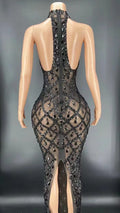 Flashing Silver Rhinestone Crystals Fringes Transparent Short Dress Birthday Celebrate Costume Evening Dancer Dress