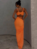 Bandage Ruched 2 Piece Set Women Square Collar Bra+Skinny Long Skirts 2025 Summer Vacation Beach Party Trend Suits