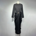 Sexy Evening Party Black Color Midi Dress for Women O Neck Long Sleeve Pachwork Metal Buckle Folds Bodycon Dresses Female