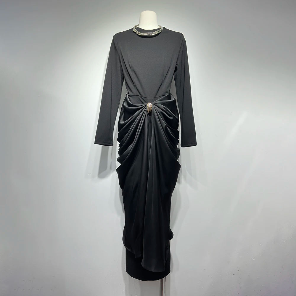 Sexy Evening Party Black Color Midi Dress for Women O Neck Long Sleeve Pachwork Metal Buckle Folds Bodycon Dresses Female