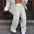Women Floral Print Hooded Puffer Snow Suit Two Piece Outfit Thick Warm Winter Windproof Ski Jacket Wide Leg Pants Set Outdoor