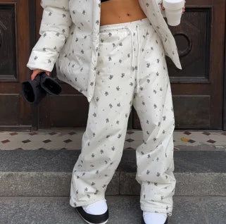 Women Floral Print Hooded Puffer Snow Suit Two Piece Outfit Thick Warm Winter Windproof Ski Jacket Wide Leg Pants Set Outdoor