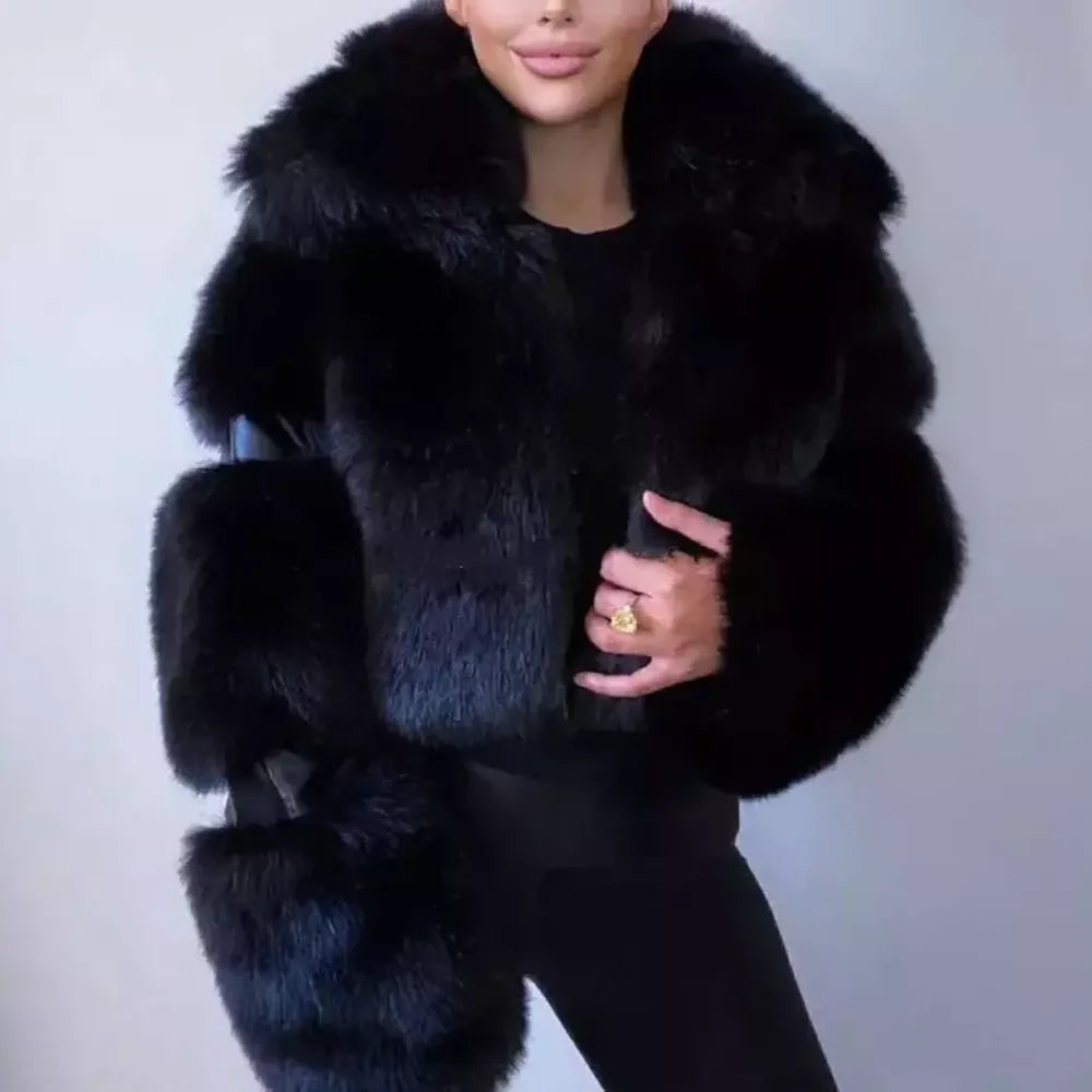 Solid Temperament Fur Coats For Women Lapel Long Sleeve Patchwork Zipper Slimming Jackets Female Fashion Style New