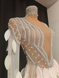 Women Elegant Sparkly Diamond Pearls Leaf Long Sleeves Mesh Sheer Maxi Dress Eveing Birthday Party Sexy Nightclub Stage Costume